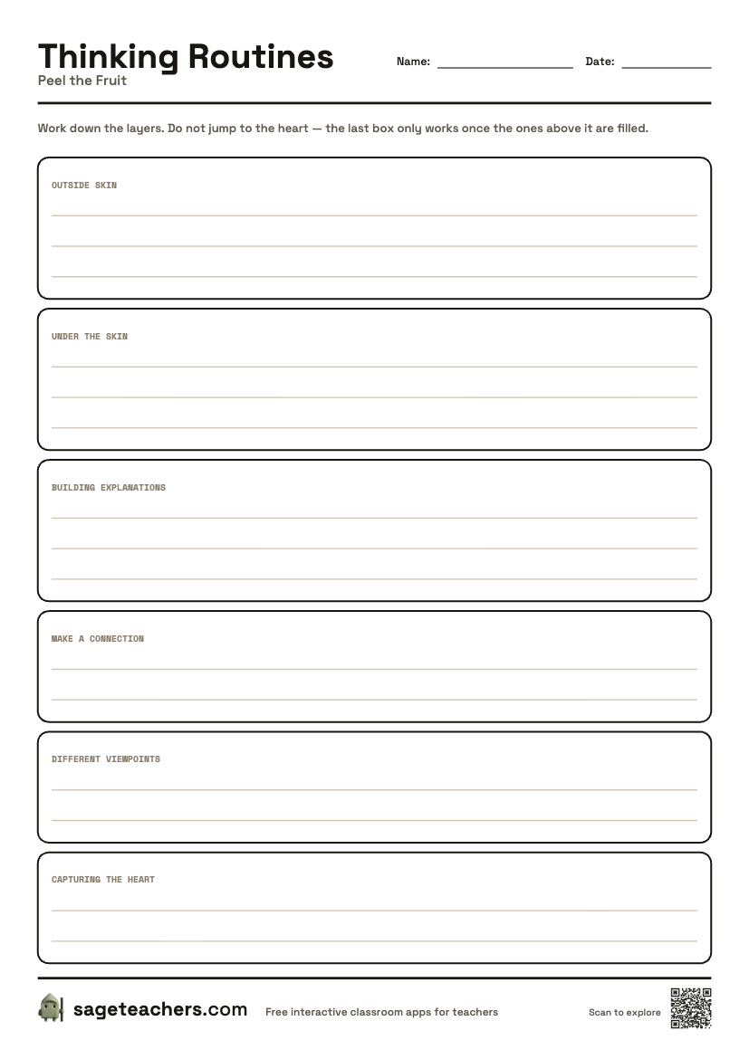 The printable Peel the Fruit sheet — an A4 page with a box for each step of the routine and room to write.