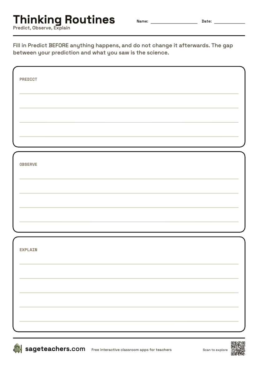 The printable Predict, Observe, Explain sheet — an A4 page with a box for each step of the routine and room to write.