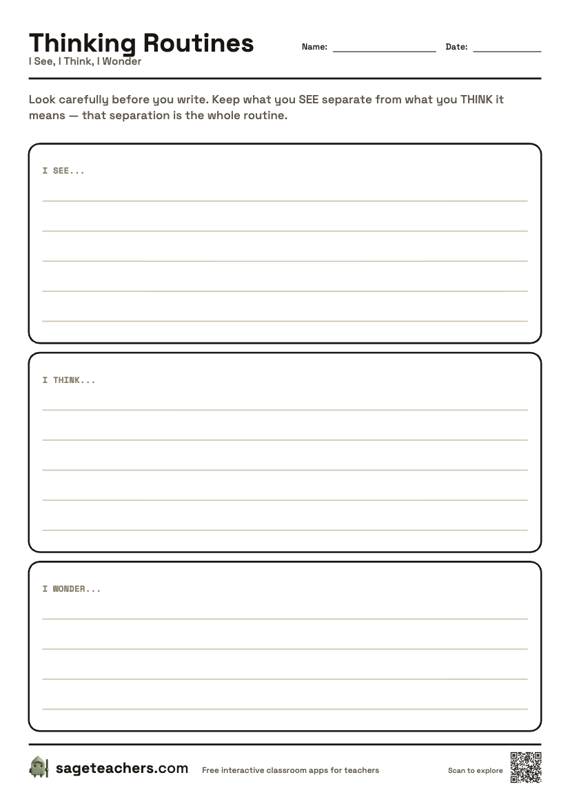 The printable I See, I Think, I Wonder sheet — an A4 page with a box for each step of the routine and room to write.