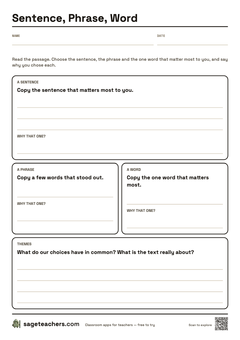 The printable Sentence, Phrase, Word sheet: an A4 page with the passage, then boxes for a sentence, a phrase and a word with a reason for each, and a box for the themes.