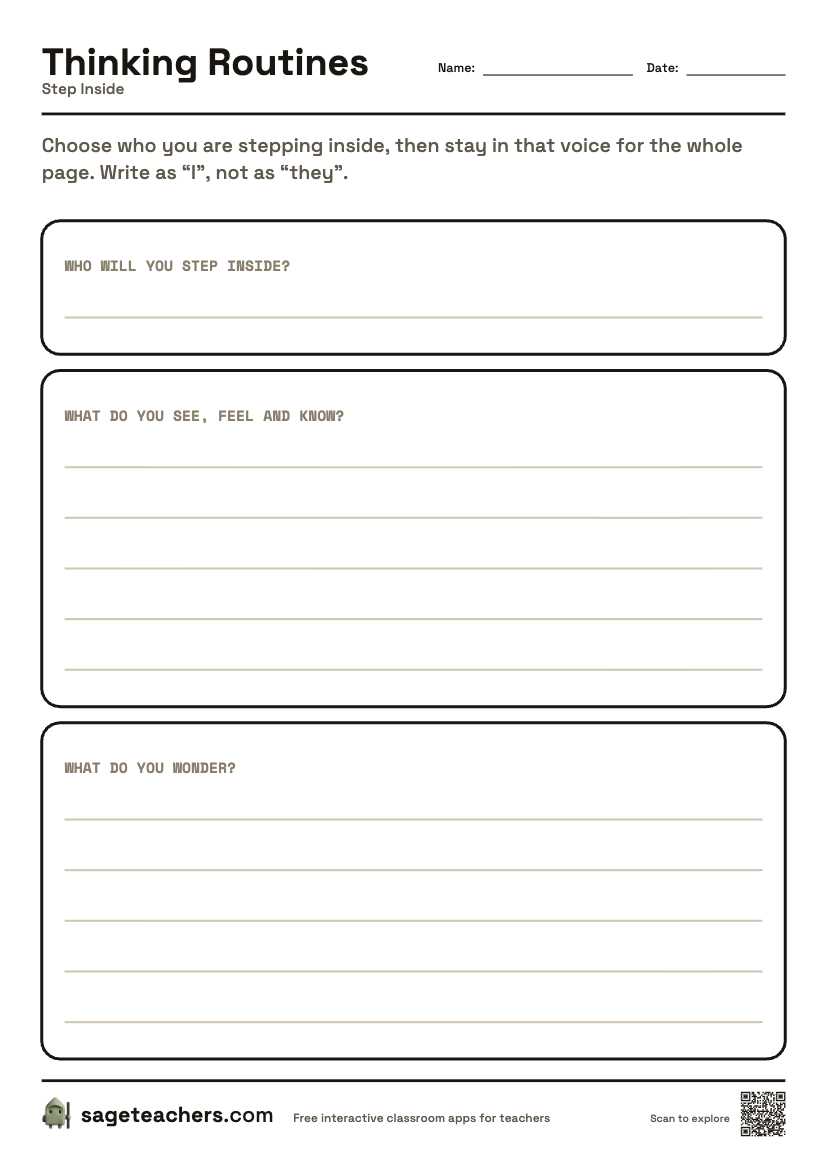 The printable Step Inside sheet — an A4 page with a box for each step of the routine and room to write.