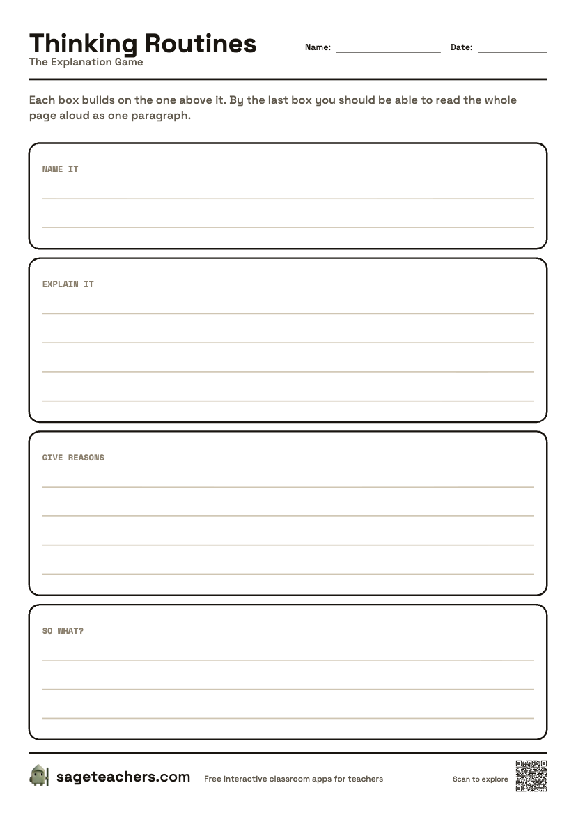 The printable The Explanation Game sheet — an A4 page with a box for each step of the routine and room to write.