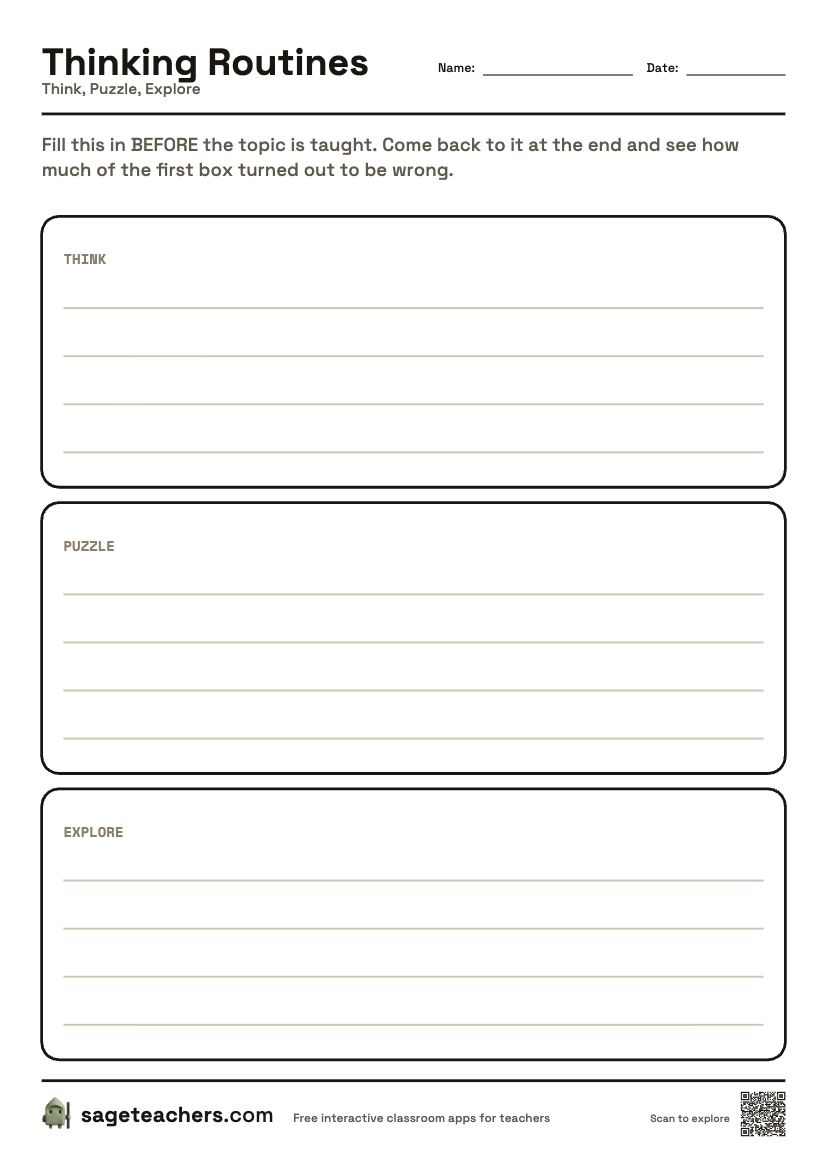 The printable Think, Puzzle, Explore sheet — an A4 page with a box for each step of the routine and room to write.