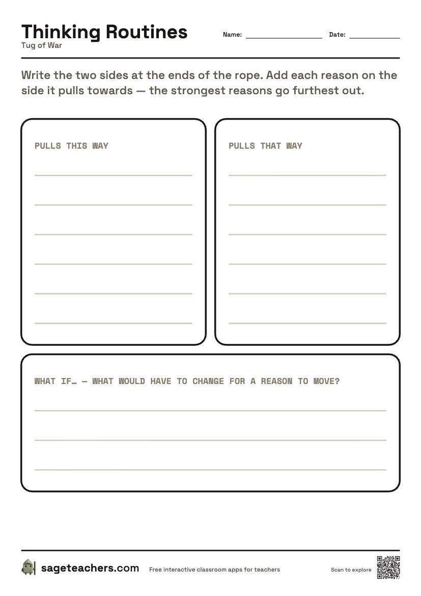 The printable Tug of War sheet — an A4 page with a box for each step of the routine and room to write.