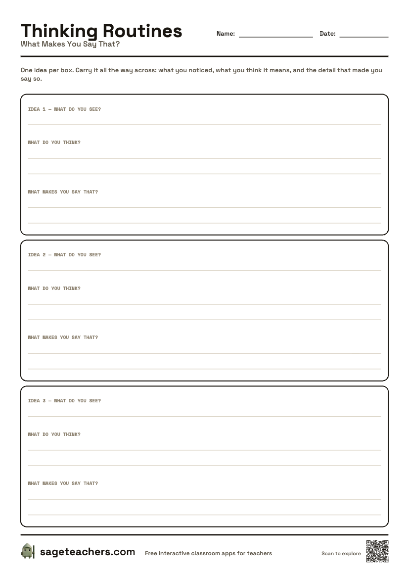 The printable What Makes You Say That? sheet — an A4 page with a box for each step of the routine and room to write.