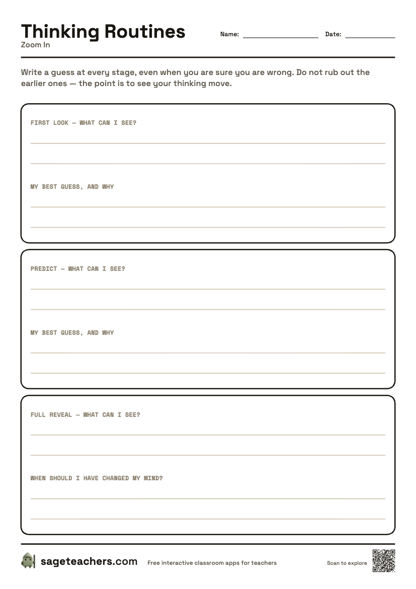 The printable Zoom In sheet — an A4 page with a guess and a reason for each stage of the reveal.