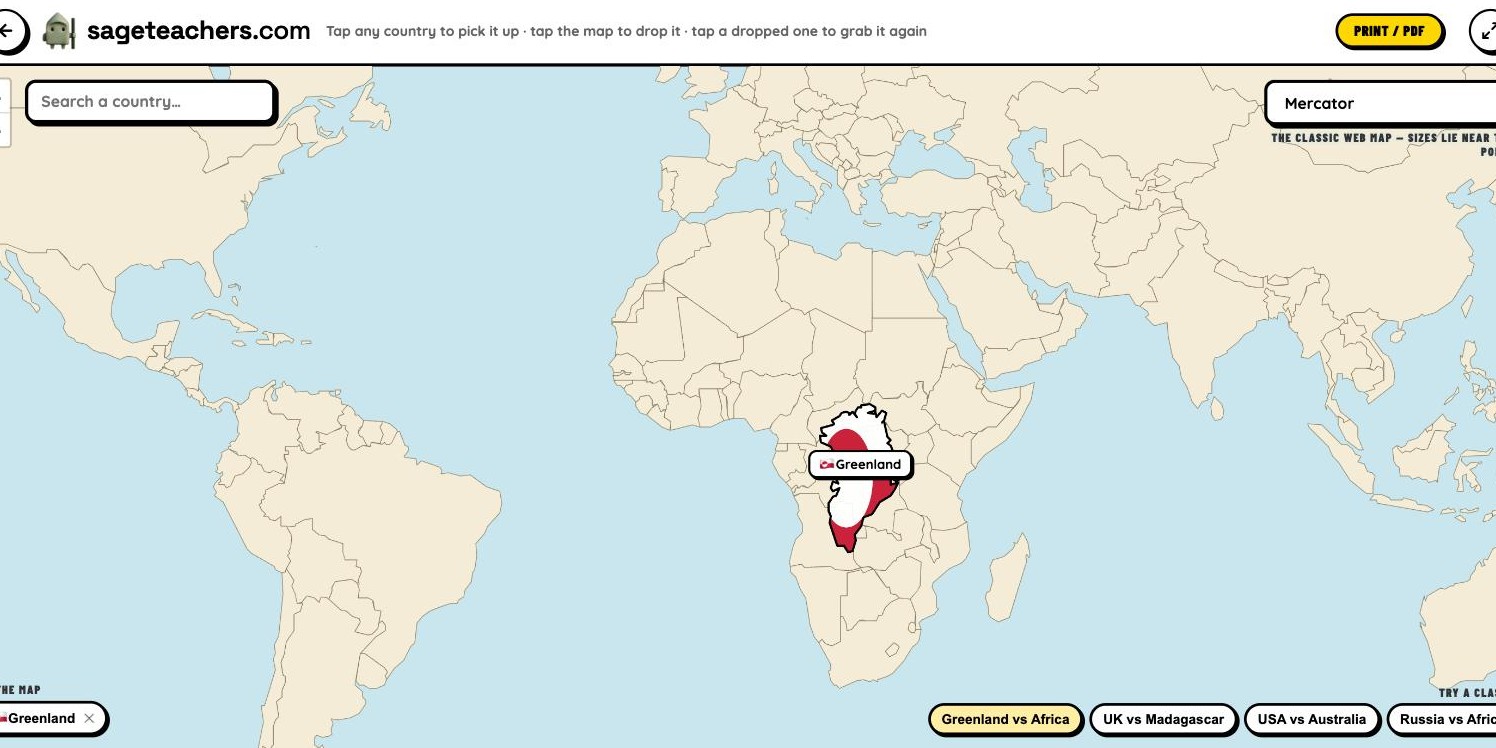 Greenland dragged to the equator, filled with its flag, dwarfed by Africa