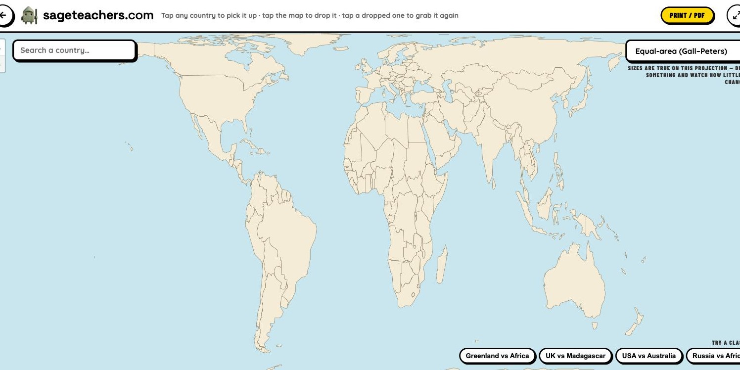 The map switched to an equal-area Gall-Peters projection