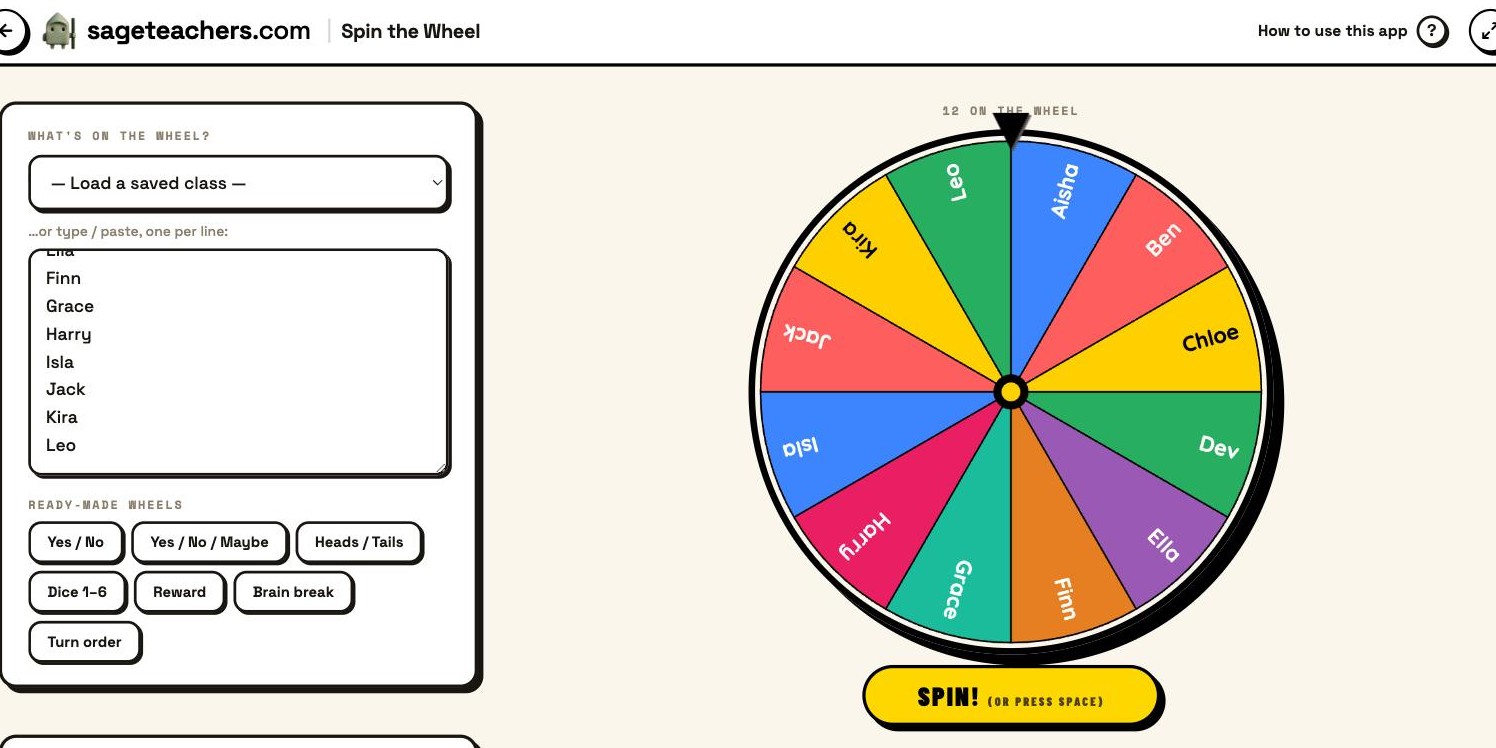 A class list typed into Spin the Wheel, the colourful wheel built from it