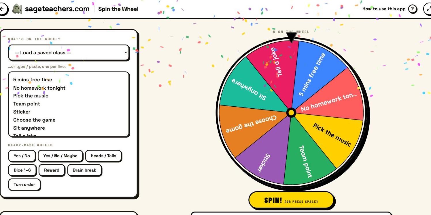 A reward wheel with choices like free time and team point