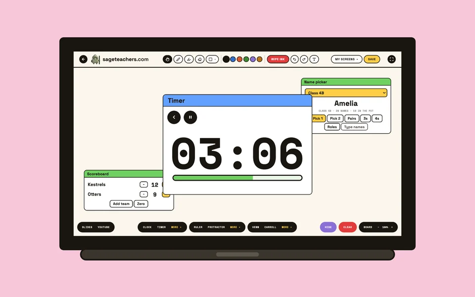 The Whiteboard app on an interactive whiteboard: a big timer with the name picker and scoreboard behind
